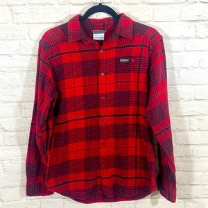 Columbia Mens Red Plaid Long Sleeve Button Down Flannel Shirt Size S